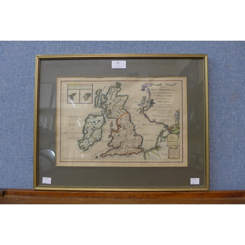 49 - An 18th Century Nicholas De Fen hand coloured engraved map, Les Isles Britaniques, 24 x 35cms, frame... 