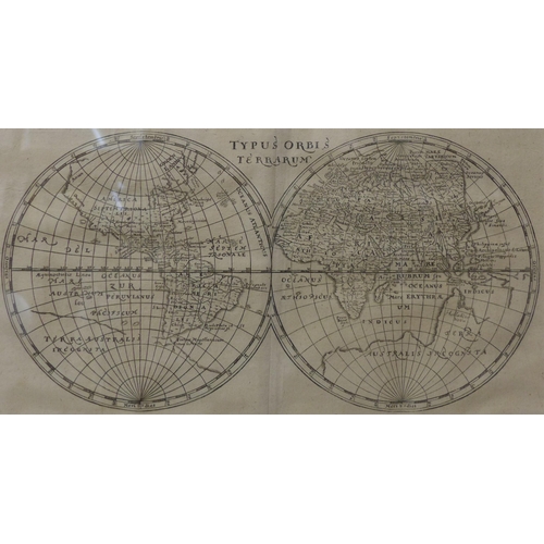 50 - A 17th Century Philip Cluven engraved map, Typus Orbis Terrarum, 16.5 x 31cms, framed