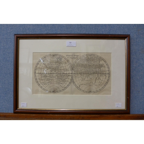 50 - A 17th Century Philip Cluven engraved map, Typus Orbis Terrarum, 16.5 x 31cms, framed