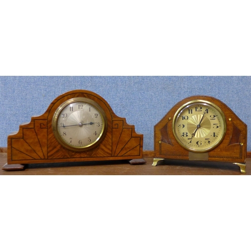 73 - Two Art Deco inlaid walnut mantel timepieces