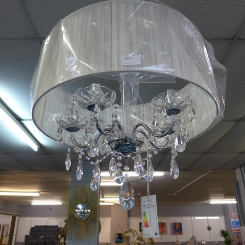 1435 - A chrome five arm chandelier with white shade