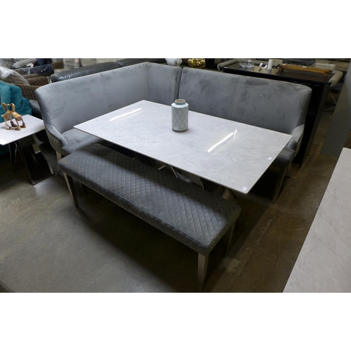 1478 - A 1.6m marble topped dining table with a Luna grey velvet corner bench set * this lot is subject to ... 