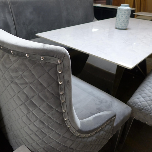 1478 - A 1.6m marble topped dining table with a Luna grey velvet corner bench set * this lot is subject to ... 