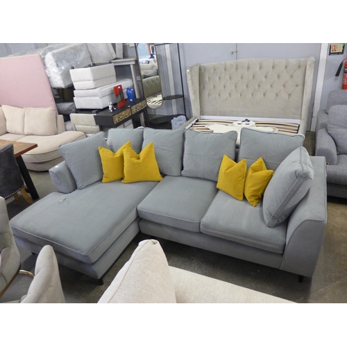 1487 - A moonrock grey velvet LHF corner sofa, large tear to chaise cushion