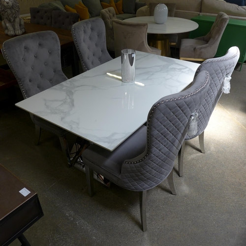 1499 - A 1.6m marble topped low dining table with chrome base and four Chelsea grey velvet dining chairs * ... 