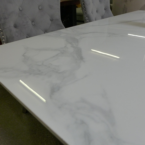 1499 - A 1.6m marble topped low dining table with chrome base and four Chelsea grey velvet dining chairs * ... 