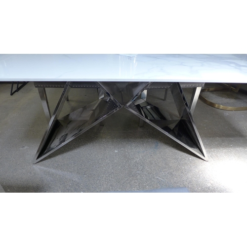 1499 - A 1.6m marble topped low dining table with chrome base and four Chelsea grey velvet dining chairs * ... 