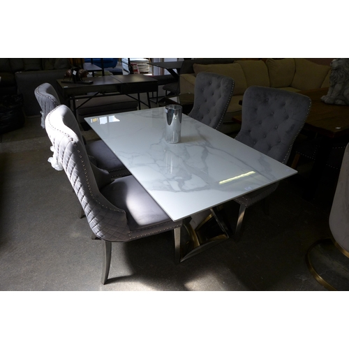 1499 - A 1.6m marble topped low dining table with chrome base and four Chelsea grey velvet dining chairs * ... 