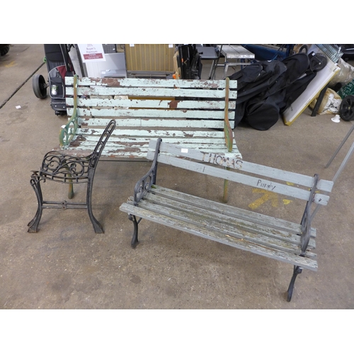 2246 - Two garden benches and two sets of bench ends