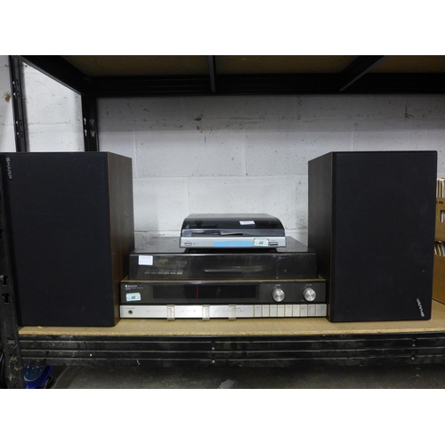 2159 - A Sanyo G2411KL stereo music system with turntable, Bush Acoustics MT11 Hi-Fi turntable and a pair o... 