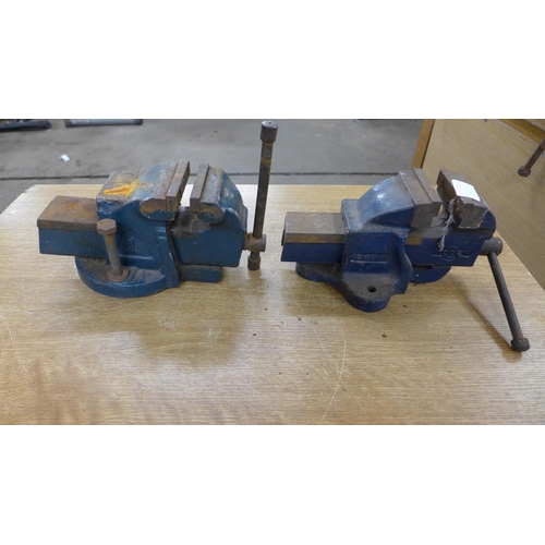 2010 - A Woden bench vice and one other vice