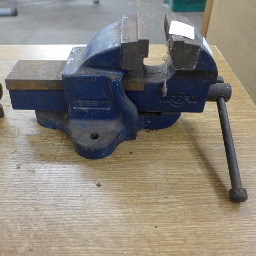 2010 - A Woden bench vice and one other vice