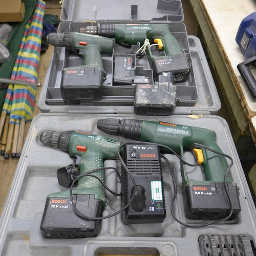 2028 - Four Bosch power tools -  all in cases. Includes a PSR120; PSB9-6VES2 and a PSB9-6VES2