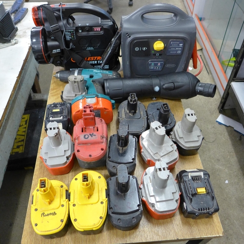 2051 - A box of cordless power-tool batteries, a Makita 8391D drill , Celestron light, spotting scope and b... 