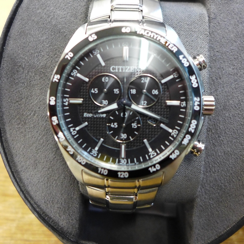 2108 - A Citizen M Eco Drive black IP chronograph wristwatch * this lot is subject to VAT