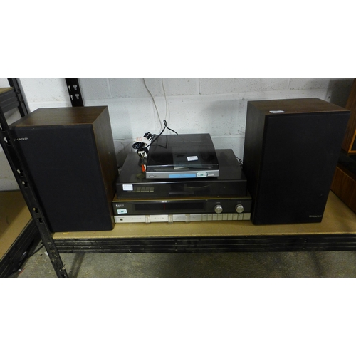 2159 - A Sanyo G2411KL stereo music system with turntable, Bush Acoustics MT11 Hi-Fi turntable and a pair o... 