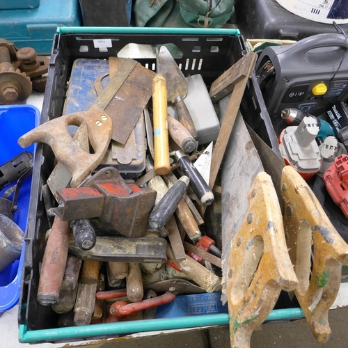 2052 - A box of vintage tools inc. vices, woodwork tools, planes, etc.