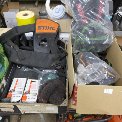 2250 - Box of strimmer parts and replacement chainsaw chains with Stihl harness and Efco harness (4)