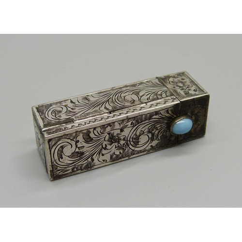 1002 - An engraved 925 silver and turquoise set lipstick  holder