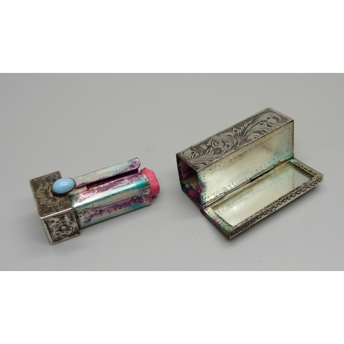 1002 - An engraved 925 silver and turquoise set lipstick  holder