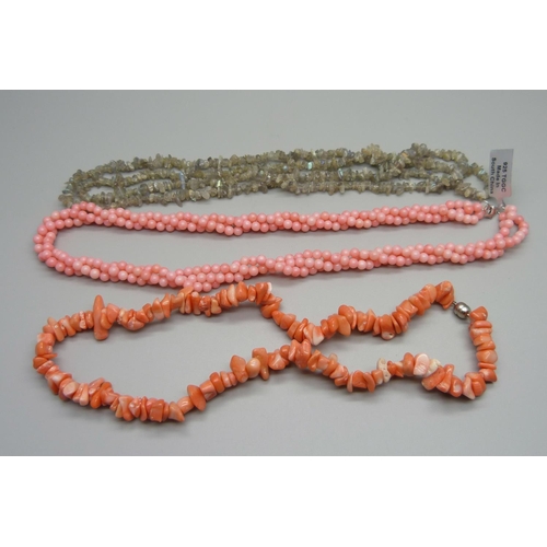 1010 - Three semi precious stone necklaces, coral and labradorite