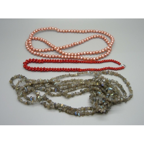 1012 - Three semi precious stone necklaces including pearl