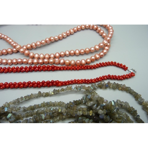 1012 - Three semi precious stone necklaces including pearl