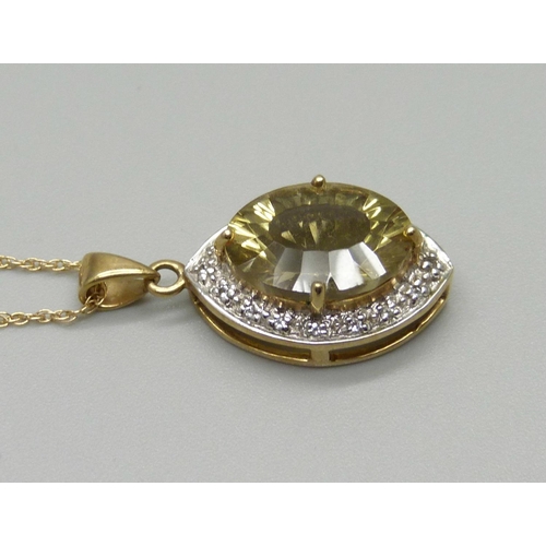 1027 - A 9ct gold and stone set pendant on a 14ct gold chain, 4.5g