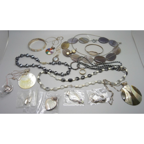 1030 - A collection of silver and other jewellery, some set with mother of pearl