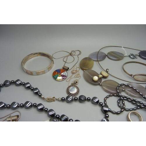 1030 - A collection of silver and other jewellery, some set with mother of pearl