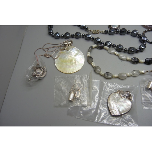 1030 - A collection of silver and other jewellery, some set with mother of pearl