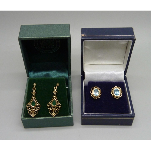 1037 - Two pairs of 9ct gold and stone set earrings, 3.7g