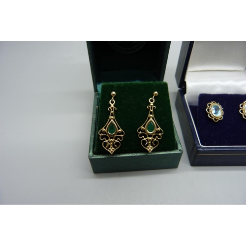 1037 - Two pairs of 9ct gold and stone set earrings, 3.7g