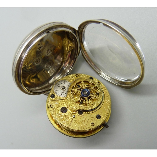 1042 - A silver verge pocket watch with diamond end stone, Thomas Gray movement, London 1836, 38mm case