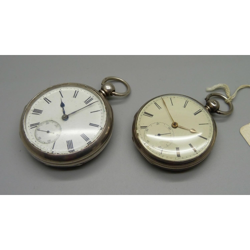 1044 - Two silver cased pocket watches, one movement with diamond end stone