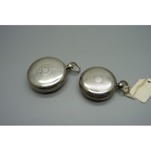 1044 - Two silver cased pocket watches, one movement with diamond end stone