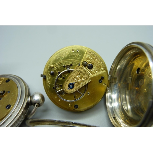 1044 - Two silver cased pocket watches, one movement with diamond end stone