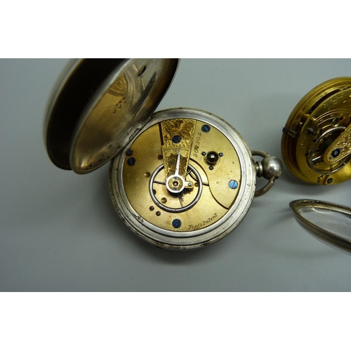 1044 - Two silver cased pocket watches, one movement with diamond end stone