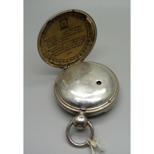 1047 - A silver cased pocket watch with diamond end stone, John McColgan, Londonderry, case hallmarked Lond... 