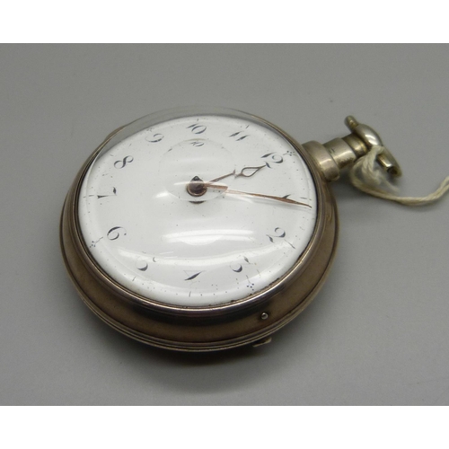 1048 - A silver pair cased verge fusee pocket watch, James Sayer, Bewdley, the case hallmarked Birmingham 1... 