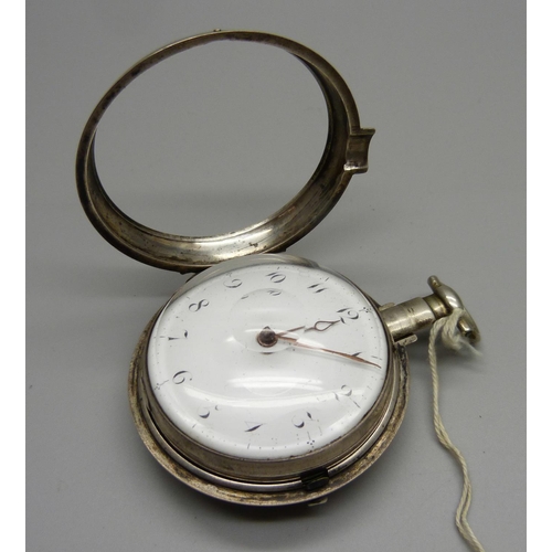 1048 - A silver pair cased verge fusee pocket watch, James Sayer, Bewdley, the case hallmarked Birmingham 1... 