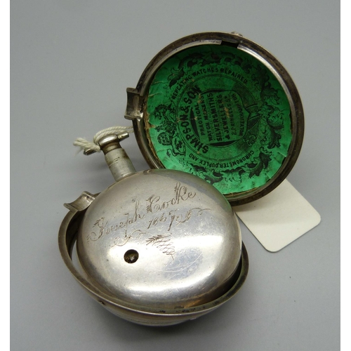 1048 - A silver pair cased verge fusee pocket watch, James Sayer, Bewdley, the case hallmarked Birmingham 1... 