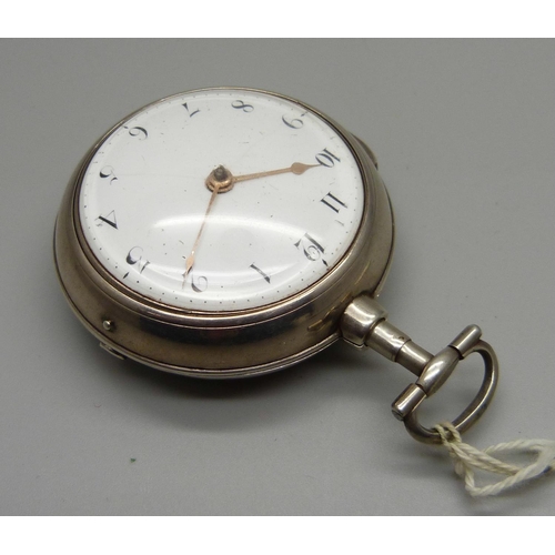 1049 - A silver pair cased verge fusee pocket watch, John Parker, London, the case hallmarked London 1806