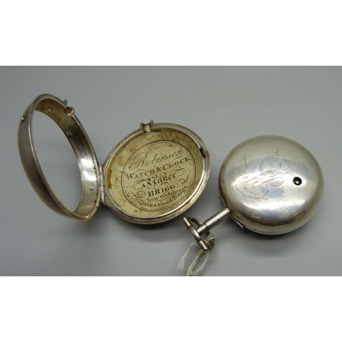 1049 - A silver pair cased verge fusee pocket watch, John Parker, London, the case hallmarked London 1806