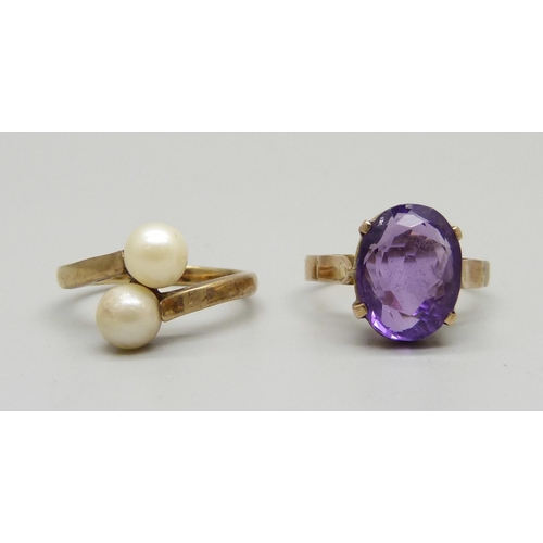 1056 - A 9ct gold and pearl ring, 2.2g, L, and a yellow metal pink stone set ring, 2.9g, L