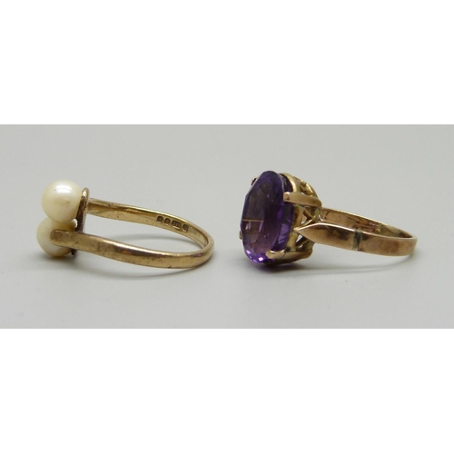 1056 - A 9ct gold and pearl ring, 2.2g, L, and a yellow metal pink stone set ring, 2.9g, L