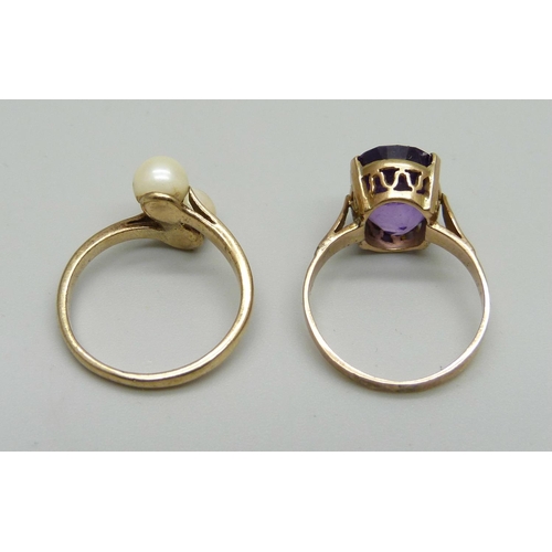 1056 - A 9ct gold and pearl ring, 2.2g, L, and a yellow metal pink stone set ring, 2.9g, L