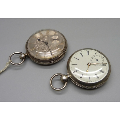 1063 - A silver pocket watch with silver dial, the case hallmarked London 1869, and one other pocket watch