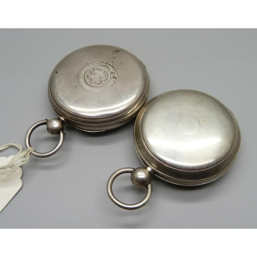 1063 - A silver pocket watch with silver dial, the case hallmarked London 1869, and one other pocket watch