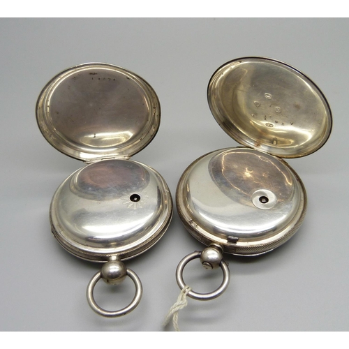 1063 - A silver pocket watch with silver dial, the case hallmarked London 1869, and one other pocket watch